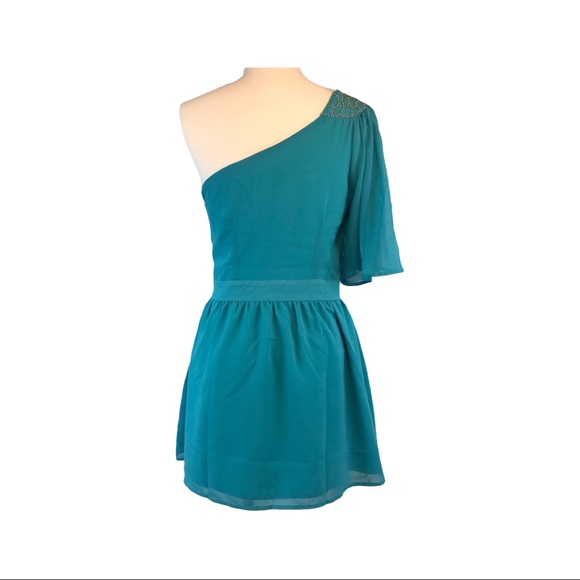 Umgee One Shoulder Chiffon Lined Dress Studded Accent Turquoise Size Small NWT - Picture 4 of 9